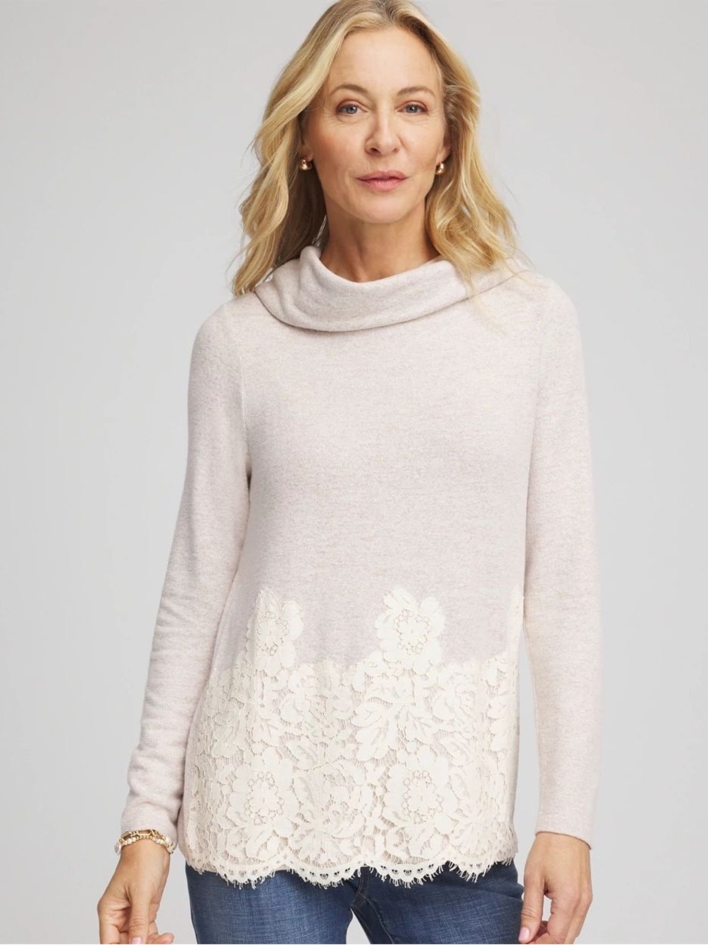 Chico’s New w Tag Sz L Lace Hem Cowlneck Top